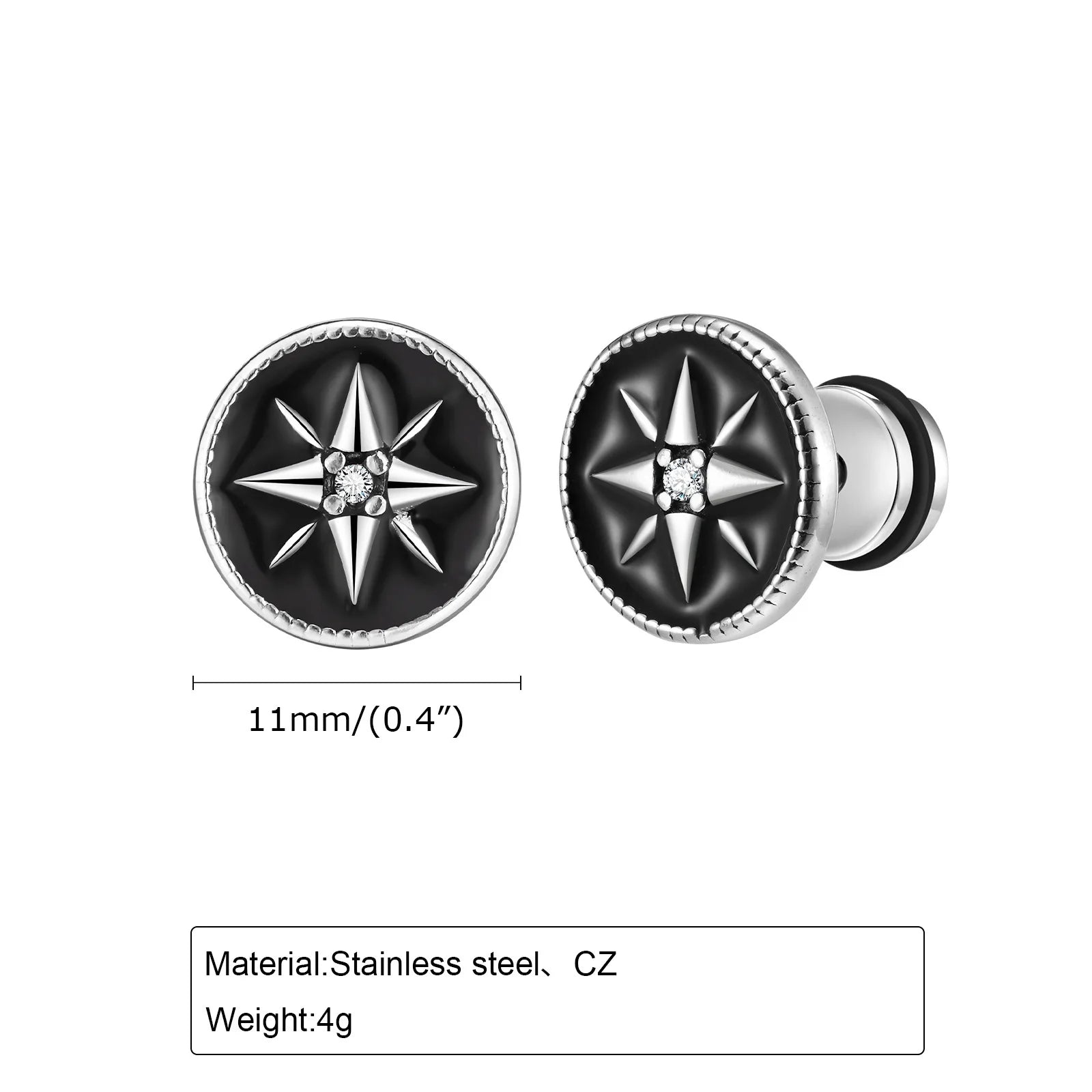 Nautical Compass Star Stud Earring for Men Boys,Black Circle Compass with White Zircon E detail view
