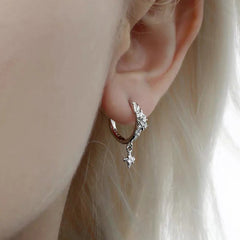 Metal Four Star Hoop Earrings for Women | Simple Zircon Geometric Circle Earrings alternate view