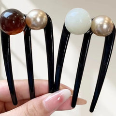 U-Shaped Hairpins French Twist Pearl Beads Hair Stick Hair Clip Acetate Vintage Tortoise Shell Women Hair Bun Pins Headwear Blac