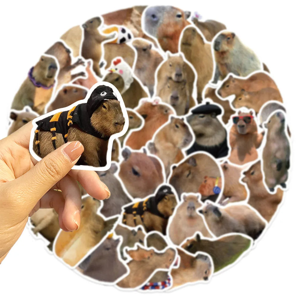 50Pcs Cartoon Capybara Graffiti Stickers | Waterproof Decals for Guitars, Laptops, and close-up view