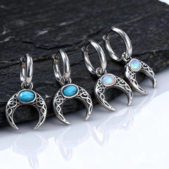 Vintage Moon Earrings for Men | Green Stone Stainless Steel Hoop Jewelry