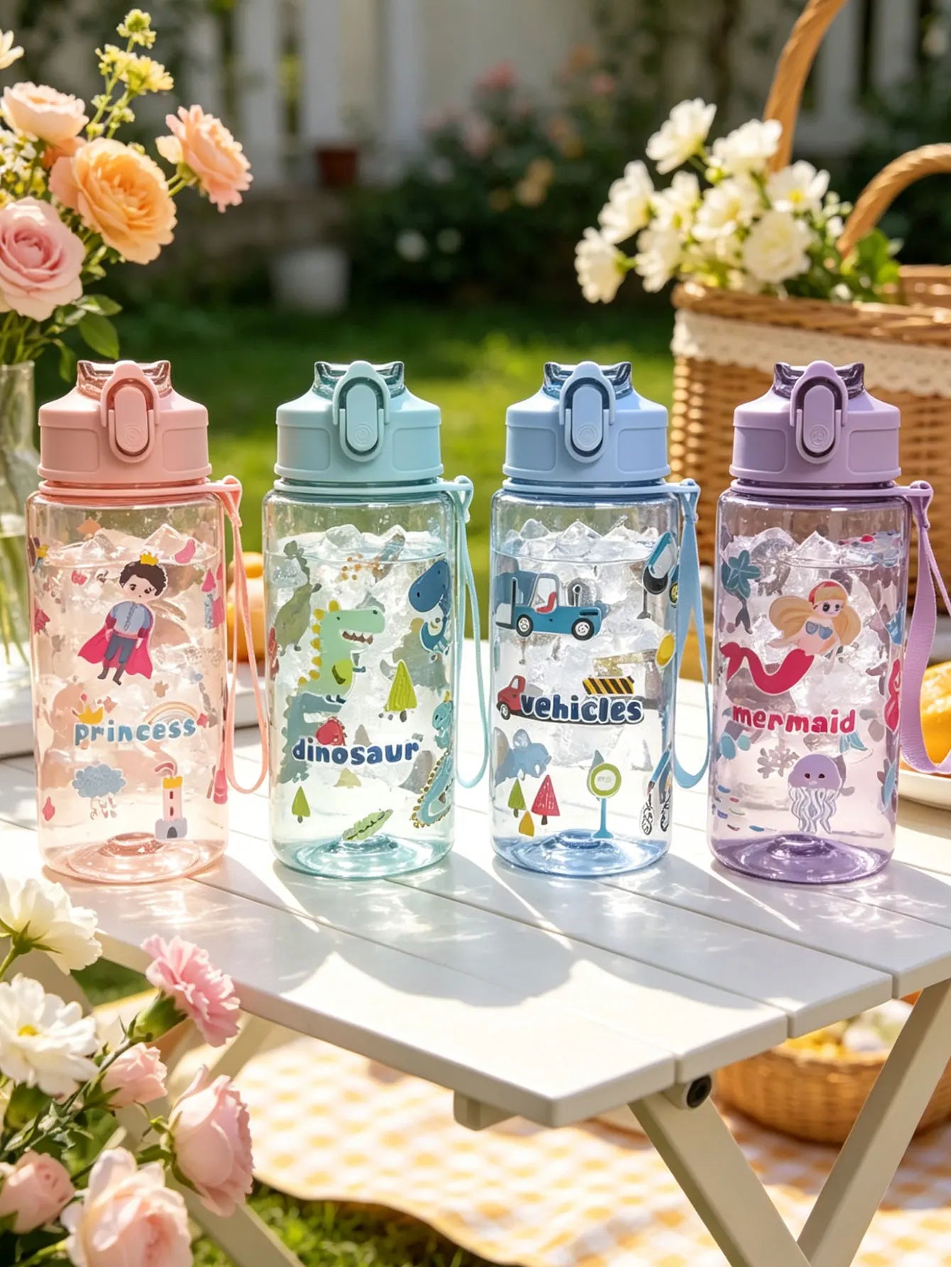 1 Piece 500ml (19 fl oz) Cartoon Printed Straw Cup, Summer Plastic Water Bottle, BPA Free, Portable