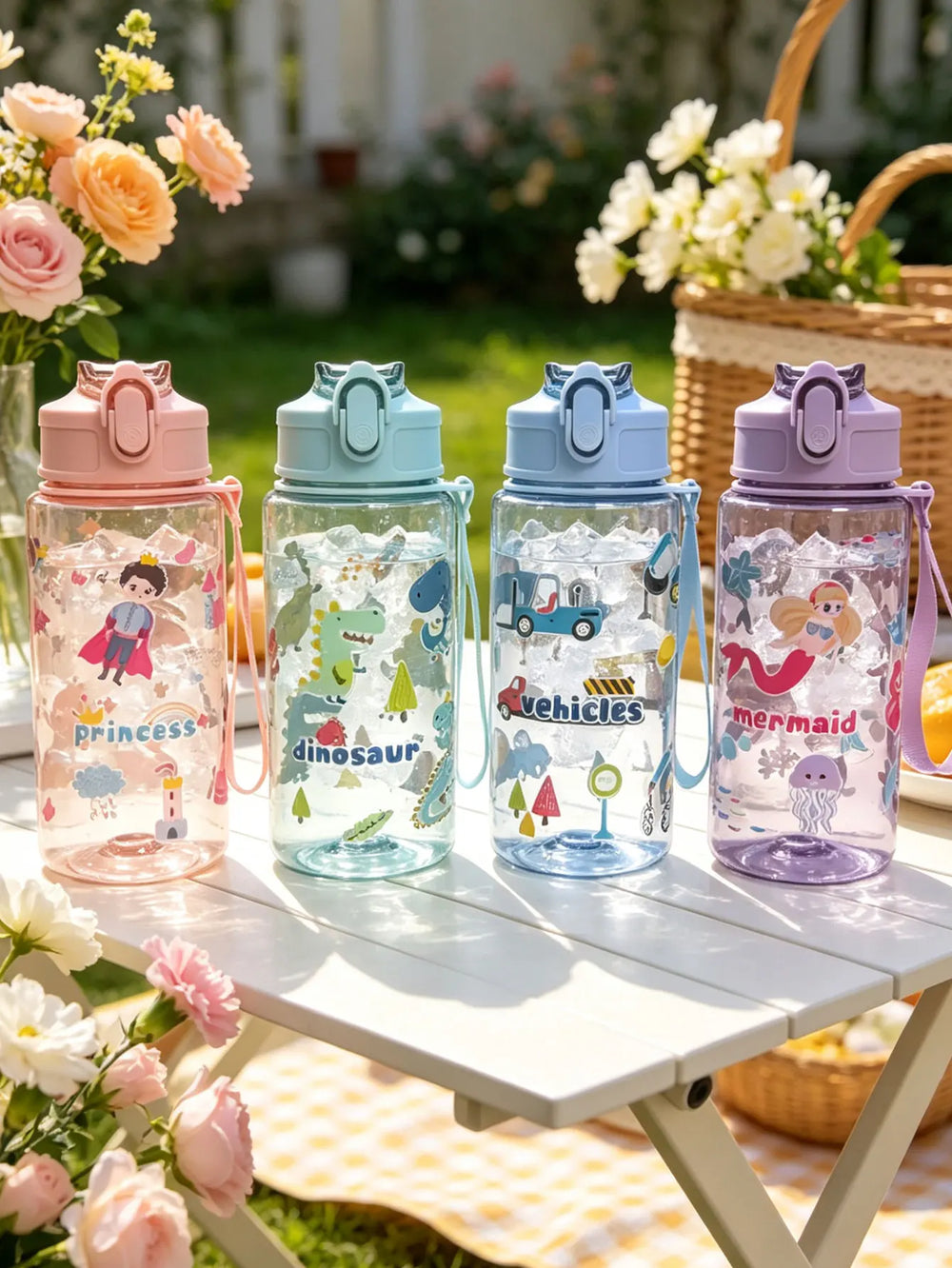 1 Piece 500ml (19 fl oz) Cartoon Printed Straw Cup, Summer Plastic Water Bottle, BPA Free, Portable