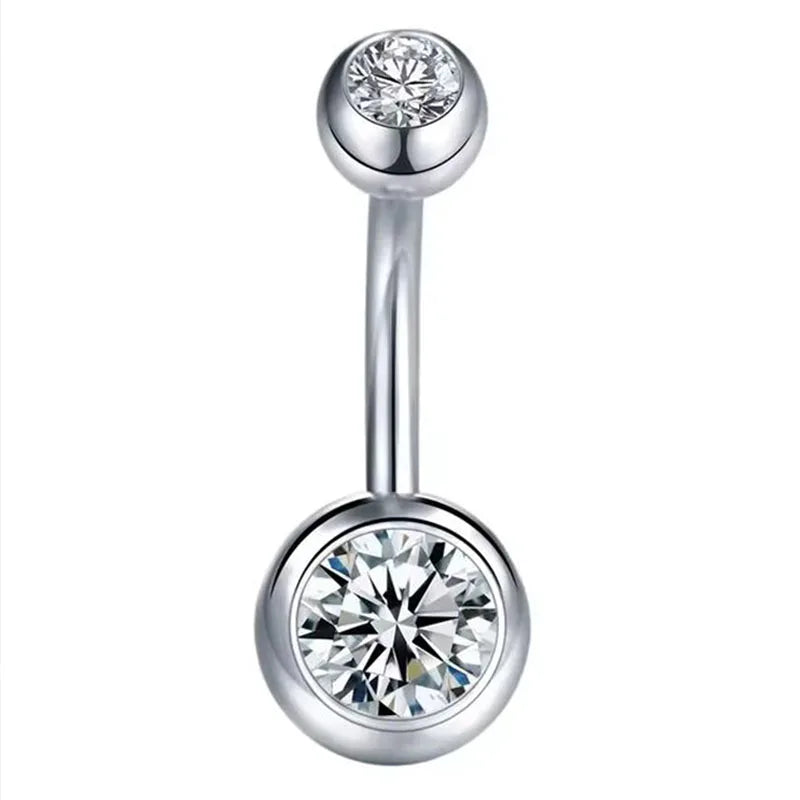Silver Round 4-Prong Cubic Zirconia Navel Ring, 5*8mm CZ Inlaid Belly Piercing Jewe additional angle