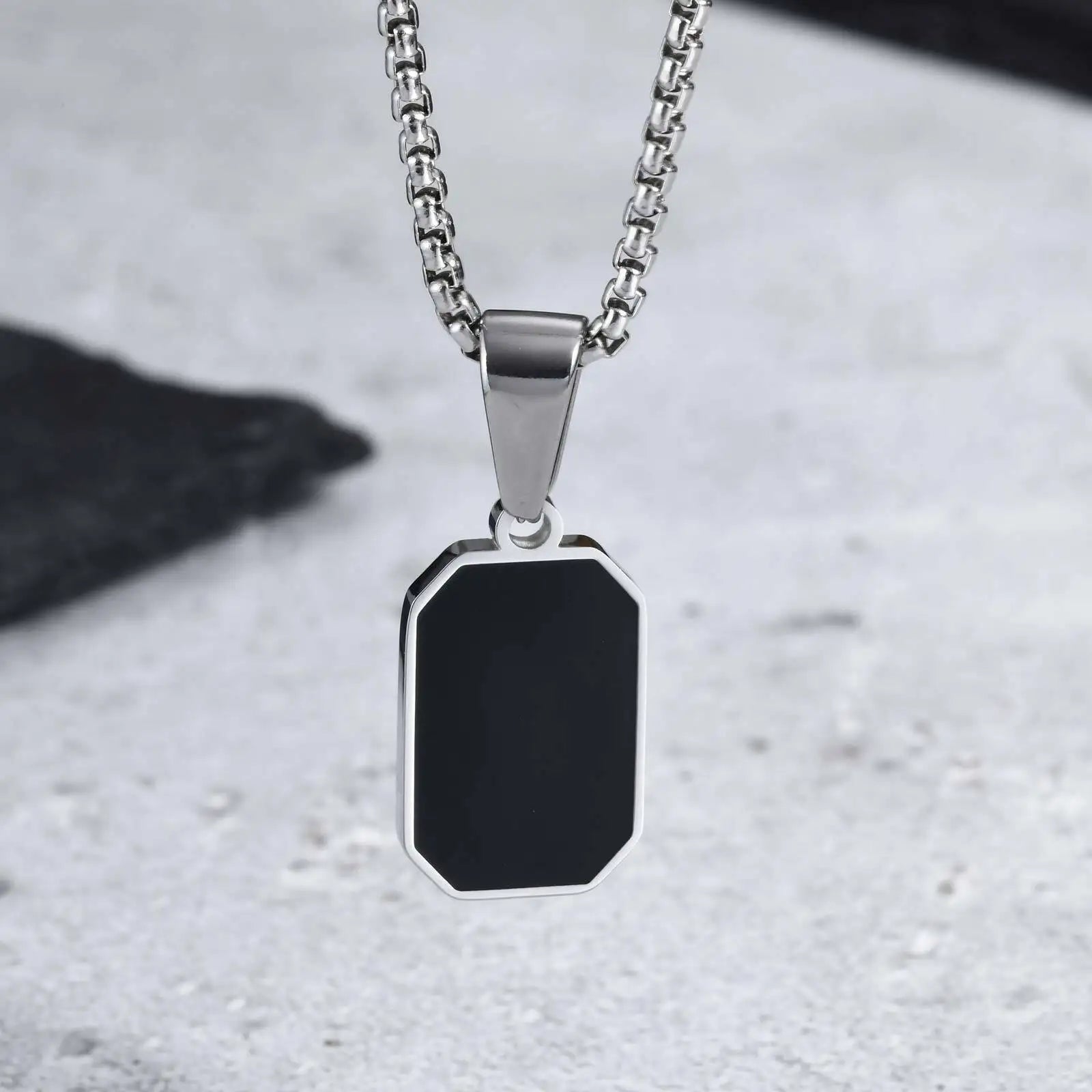 Men's Geometric Square Necklace | Black Enamel Rectangle Pendant with Rope Chain detail view