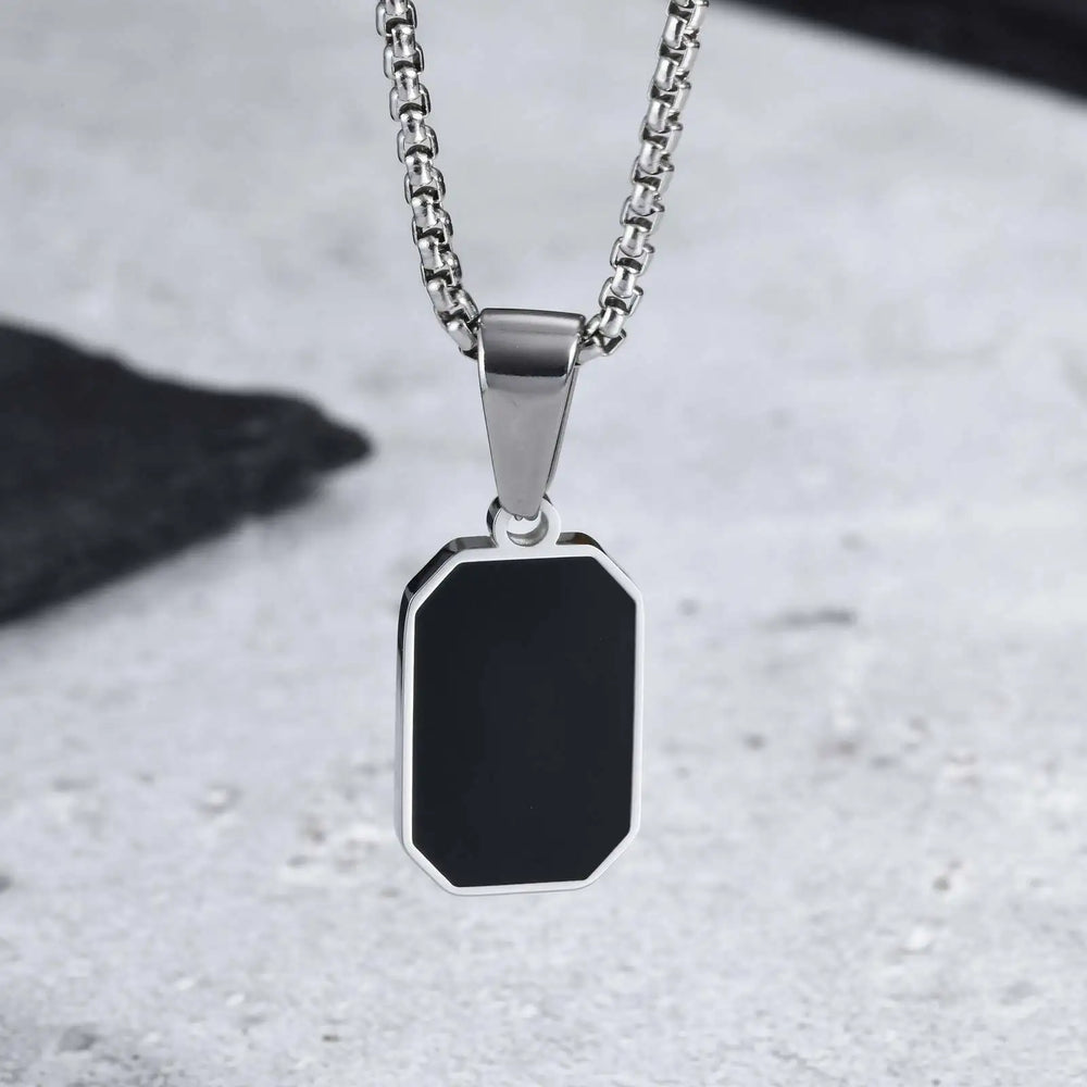 Men's Geometric Square Necklace | Black Enamel Rectangle Pendant with Rope Chain detail view
