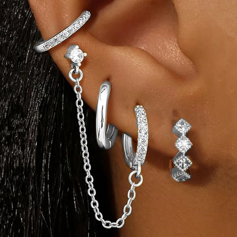 4PC Chain Huggie Earring Set | Flower Tragus Hoop Earrings for Women additional angle