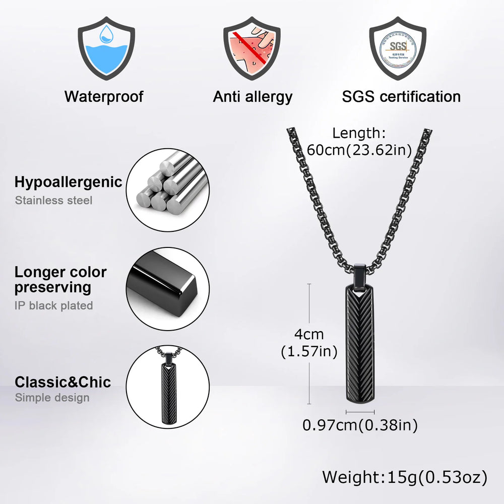 Vnox Stainless Steel Vertical Bar Pendant Necklaces for Men Boys, Black Silver Color lifestyle view