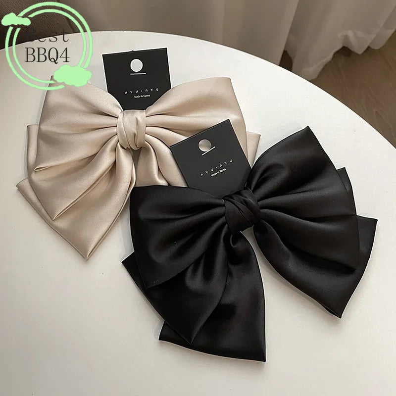 (BBQ4)Elegant Bow Ribbon Hair Clip Fashion Simple Solid Satin Spring Clip Hair Pin Retro Headband With Clip Girl Hair Accessory