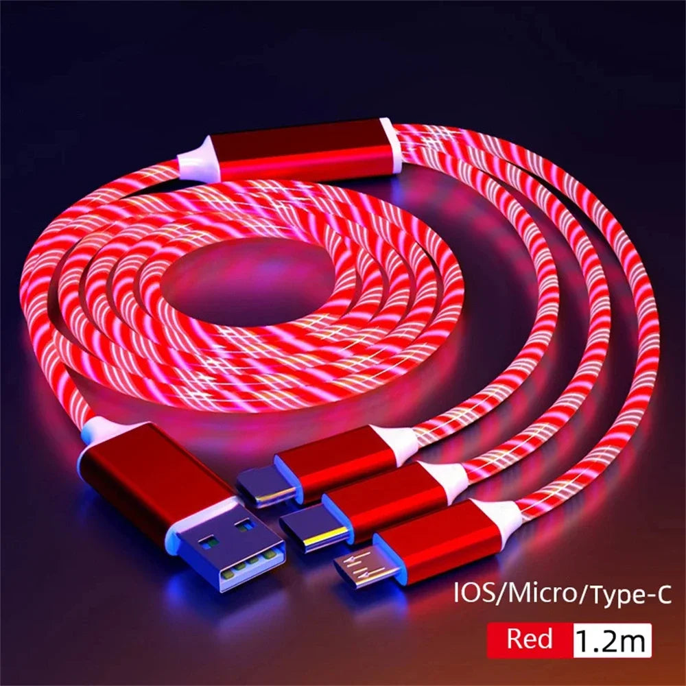 Glowing LED Light USB 3-in-1 cable Phone Fast Charging Charger Luminous close-up view