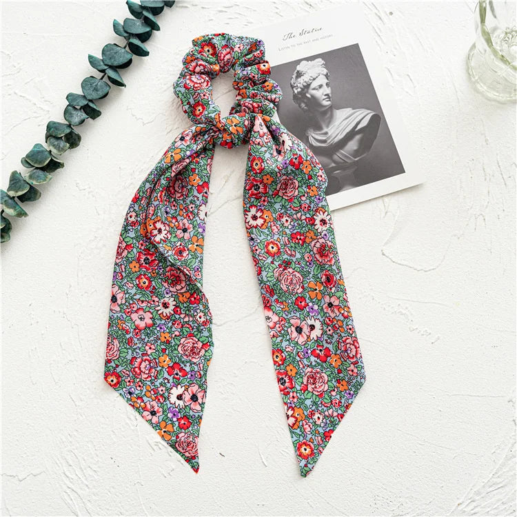 Fashion Leopard Print Bow Satin Long Ribbon Ponytail Scarf Hair Tie Scrunchies Women G close-up view