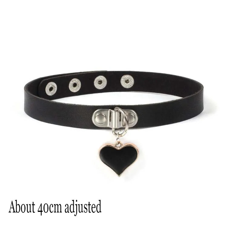 Gothic Bat Heart Lock Punk Choker | Black Leather Collar Necklace detail view