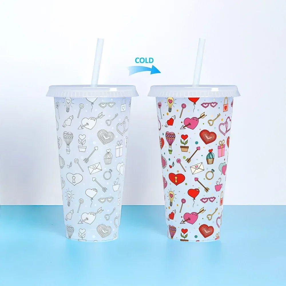 710ml Reusable with Straws Creative Water Cups Changing Colour Cup Magical Plastic Cold detail view