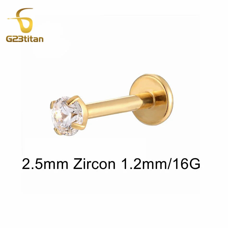 Titanium Labret Stud with Zircon Gem | Internally Threaded Body Jewelry