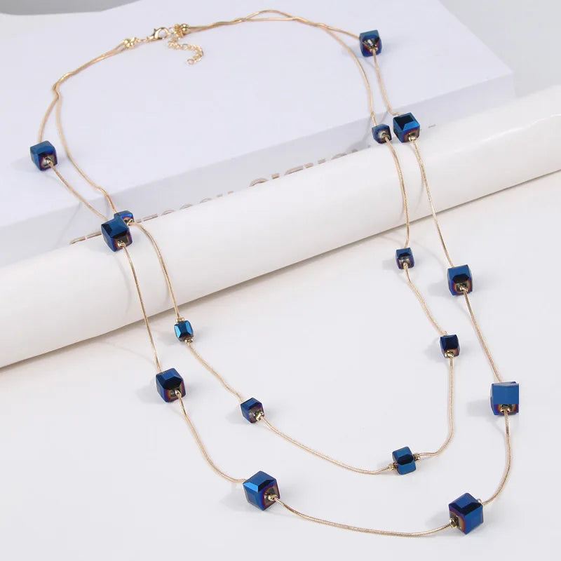 Gold Square Bead Sweater Chain Necklace | Double Layer Glass Pendant Jewelry for Wome lifestyle view