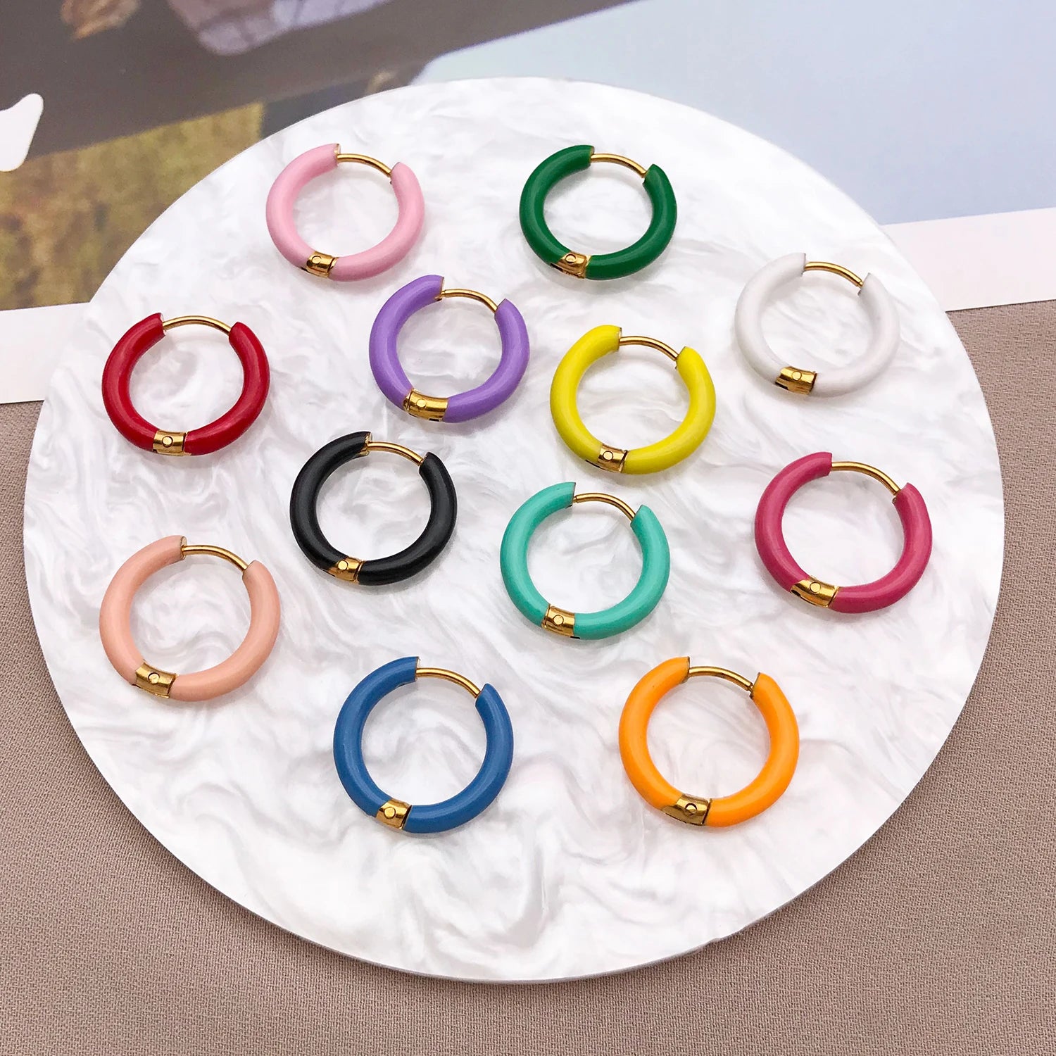 2pcs Candy Color Enamel Hoop Earrings | Sweet Summer Stainless Steel Jewelry lifestyle view