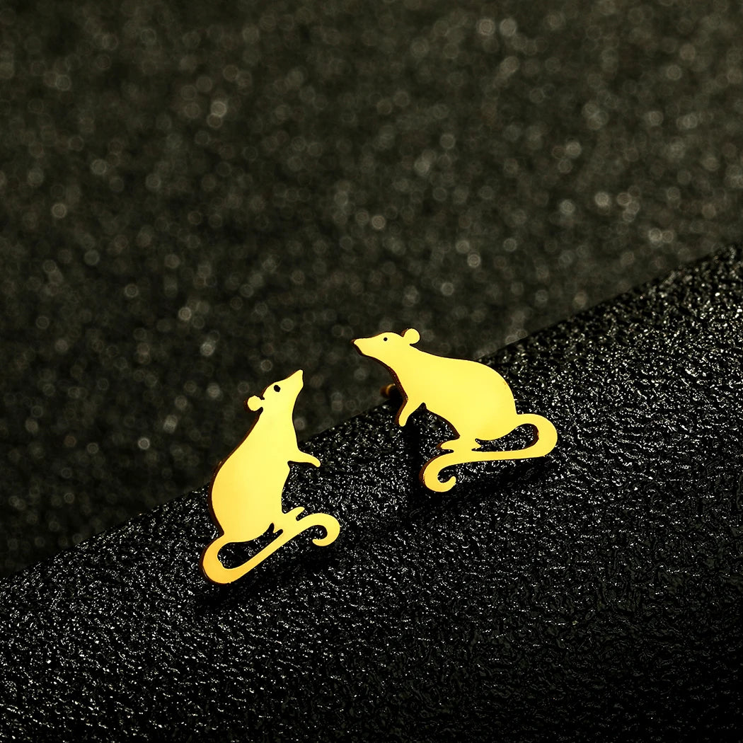 Kinitial Adorable Rat Stud Earrings Stainless Steel Cute Rodent Party Jewelry Accessor close-up view
