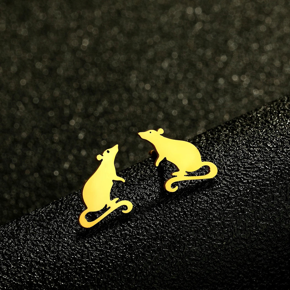 Kinitial Adorable Rat Stud Earrings Stainless Steel Cute Rodent Party Jewelry Accessor close-up view
