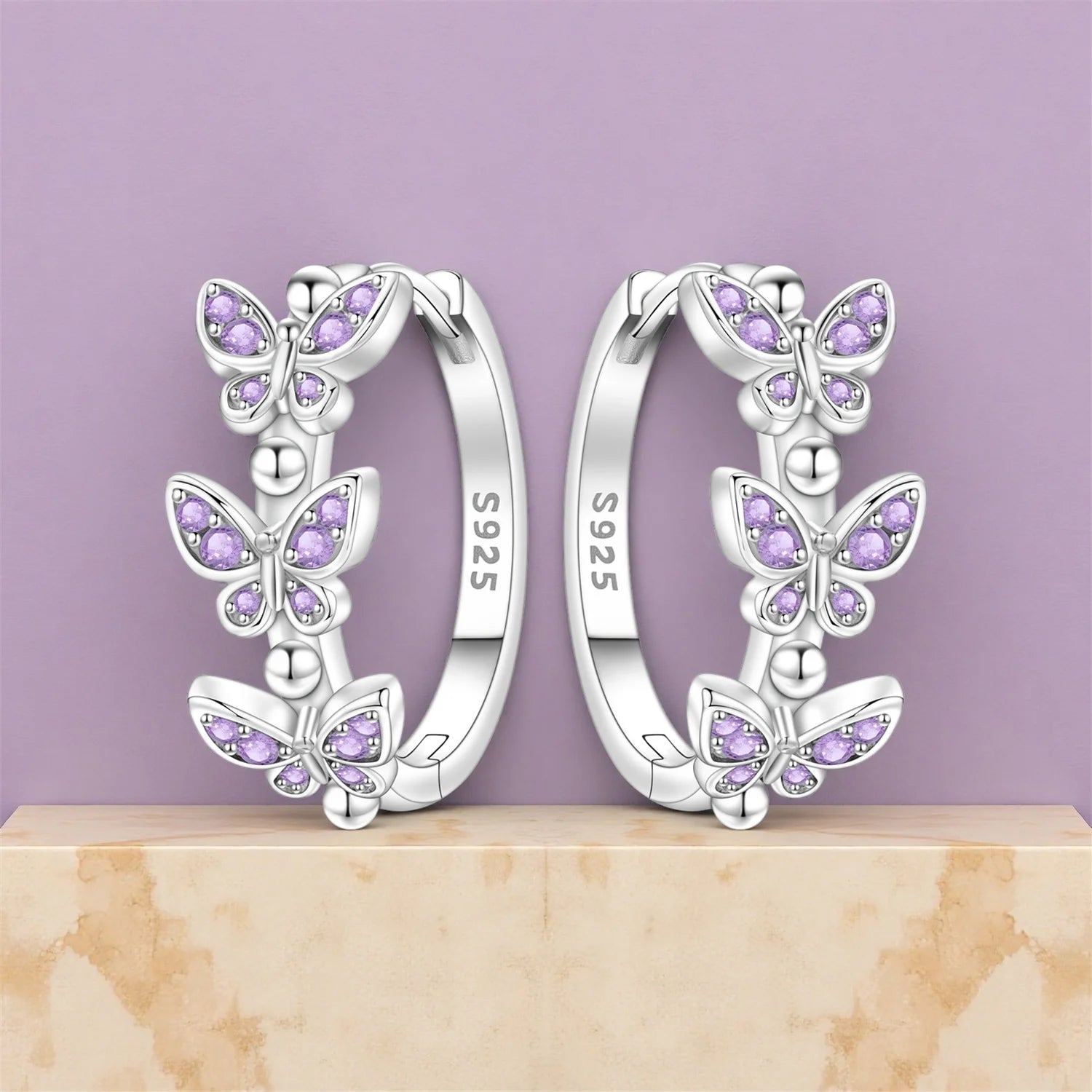 PANPOKI Original 925 Sterling Silver Purple Butterfly Insect Earrings Women Hoop Earr lifestyle view