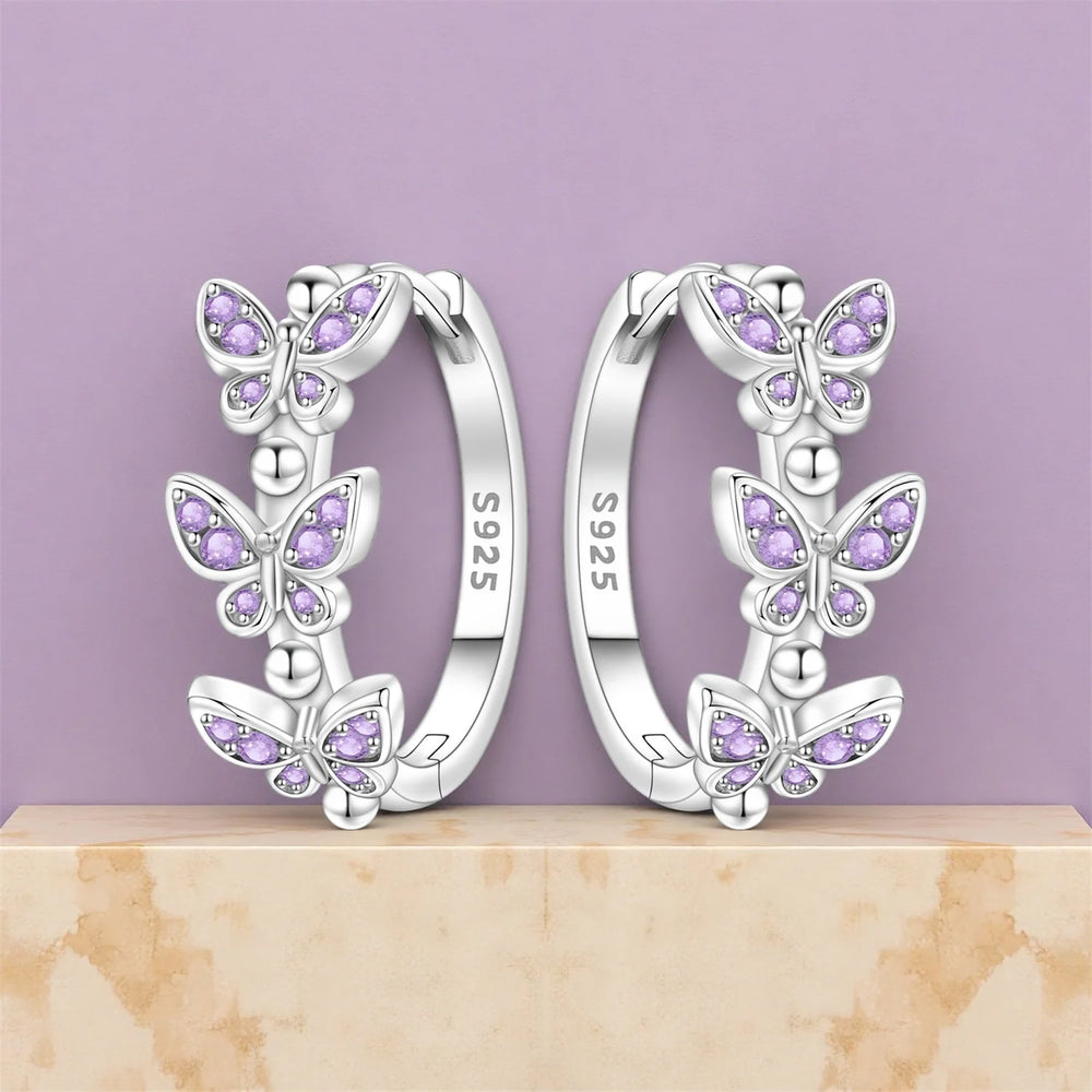 PANPOKI Original 925 Sterling Silver Purple Butterfly Insect Earrings Women Hoop Earr lifestyle view