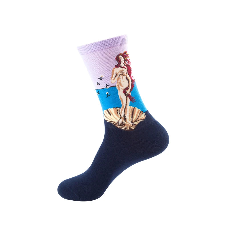 1 Pair Van Gogh Starry Night Cotton Socks Women Men Mona Lisa Oil Painting Retro-classical Series Skateboard Casual Couple Socks