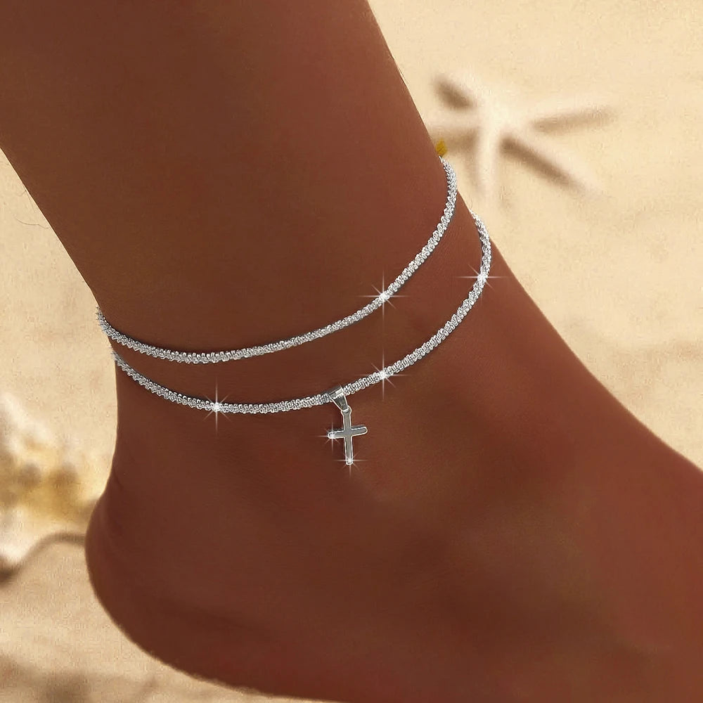 New 925 Sliver Plated CZ Anklet Bracelets for Women Girl Trendy Waterproof Zircon Cha alternate view