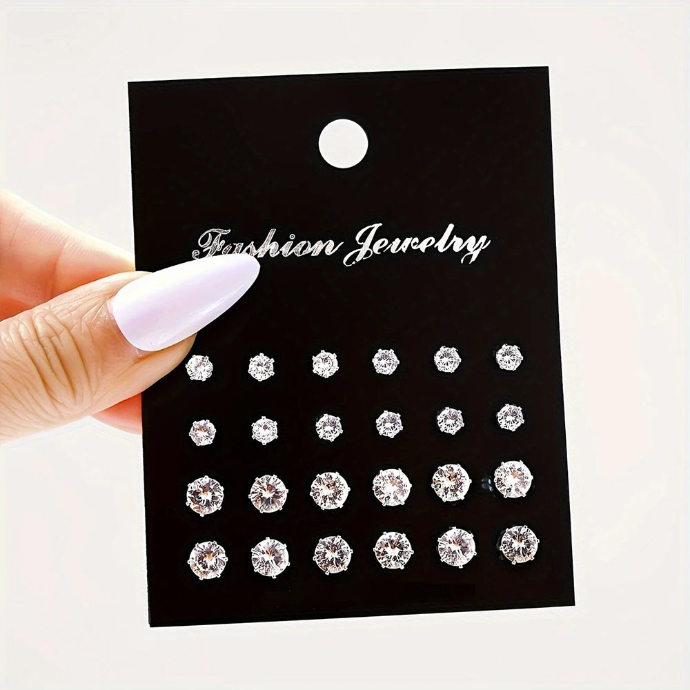 12/24/36 Pairs Shiny Zircon Stud Earrings Set for Women Men Daily Versatile Chic Silv lifestyle view