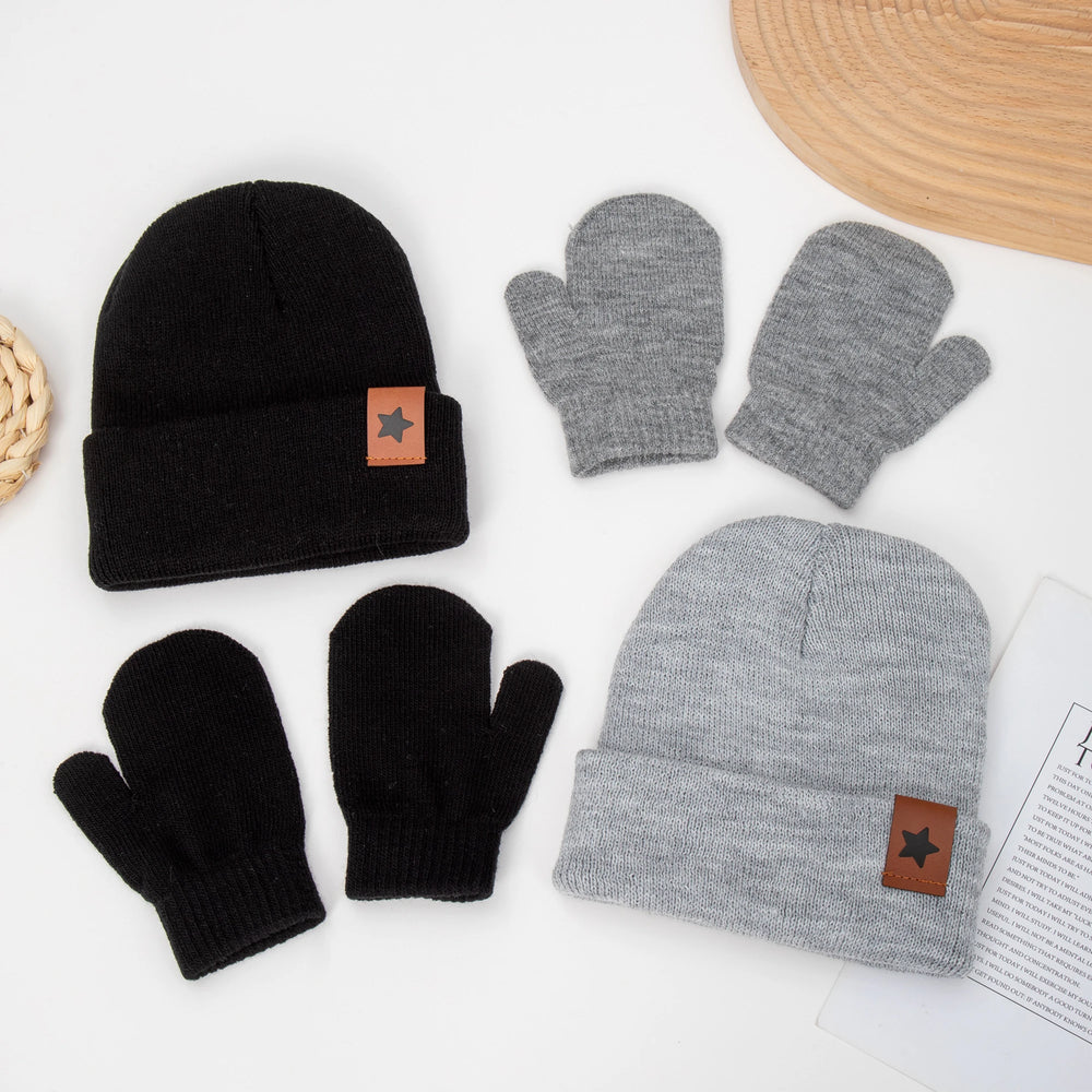 Baby Knitted Hat and Glove Set | Solid Winter Turban with Leather Star Tag lifestyle view