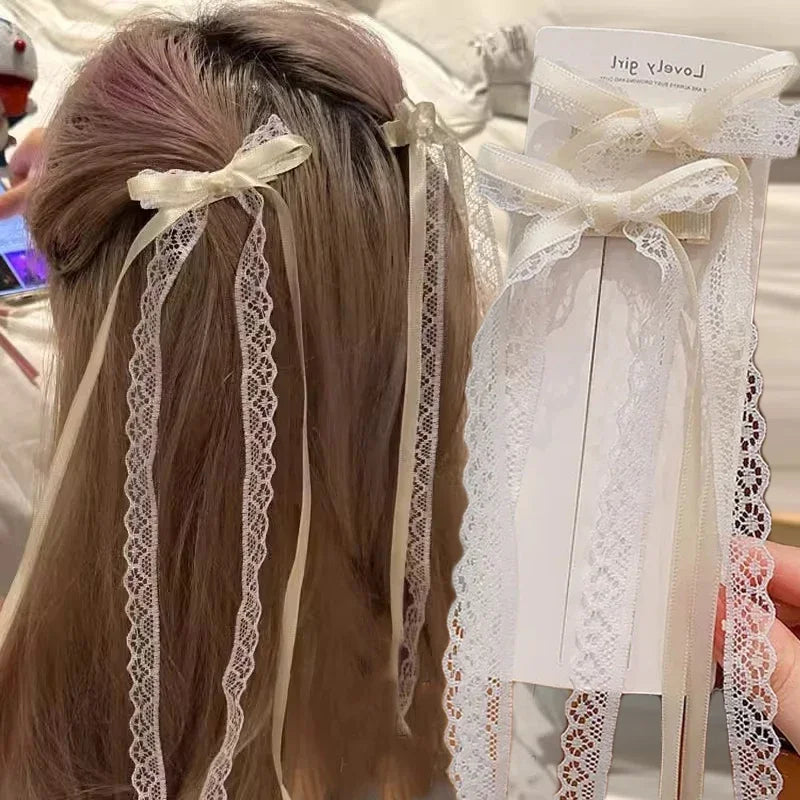 2Pcs White Sweet Lace Long Bow Hair Clip Women Girls Ribbon Tassel Bowknot Hair Pins Braid Barrettes Trend Hollow Out Headwears