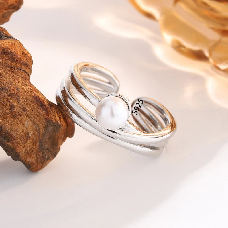 PANJBJ 925 Sterling Silver Pearl Irregular Ring for Women Shell Overlapping Hollow Sw lifestyle view