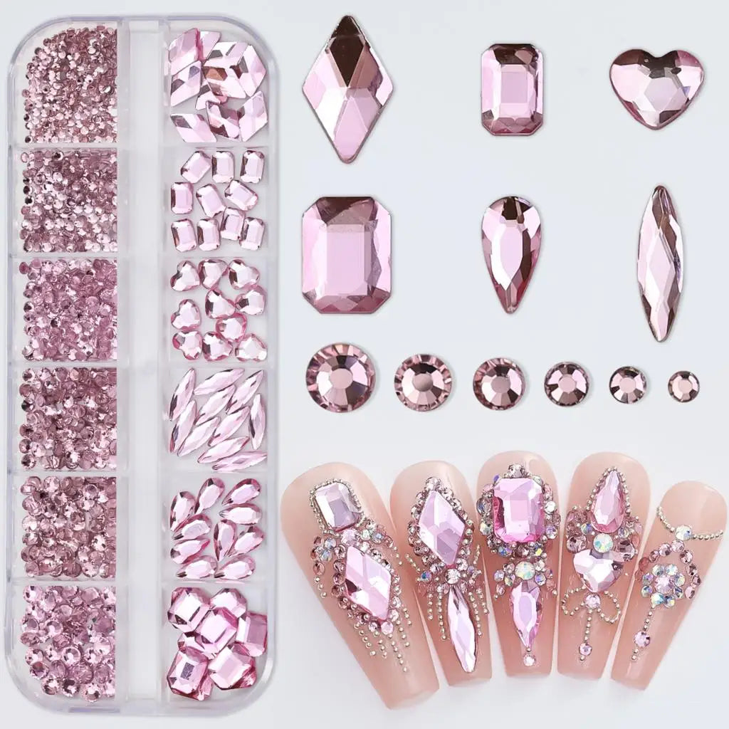 12Grids Pink Mixed Nail Rhinestones Luxury Nail Charms Glitter Crystal Jewelry Gems Na close-up view