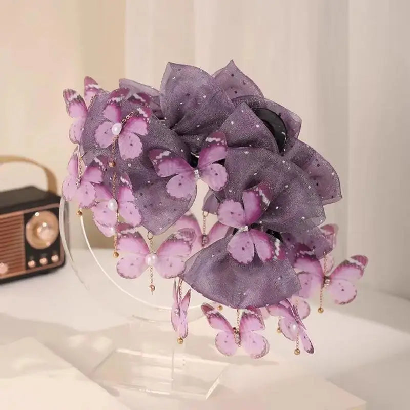 Trendy Butterfly Tassel Hair Claw; Mesh Shark Clip For Ponytail; Must-Have Hair Accessory For Women