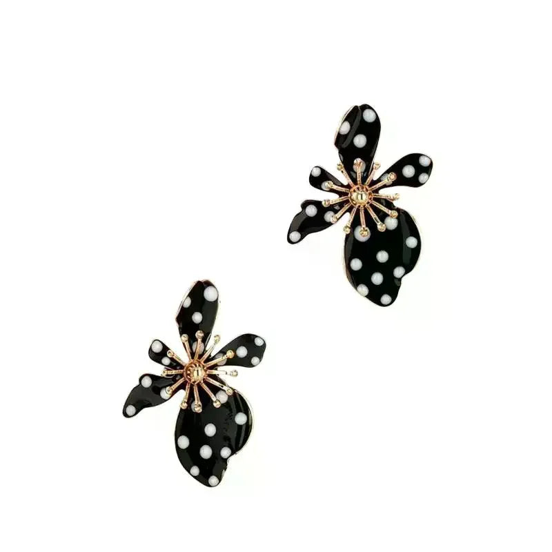 Pearl Flower Earrings Black Shaped Dangle Drop White Faux Polka Dot Gold Tone Details lifestyle view