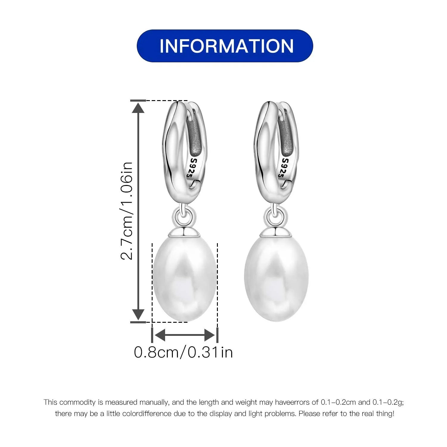 925 Sterling Silver Simple Pearl Earrings Jewelry Hoop Earrings Zircon Stud Earring additional angle