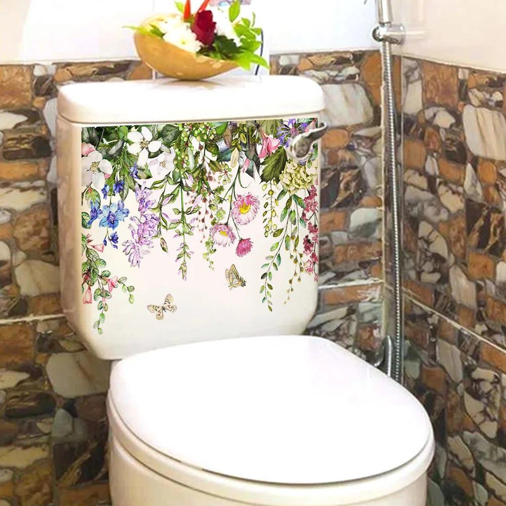 Plants Flowers Butterflies Wall Sticker | Toilet Decor Decals for Home Decoration close-up view