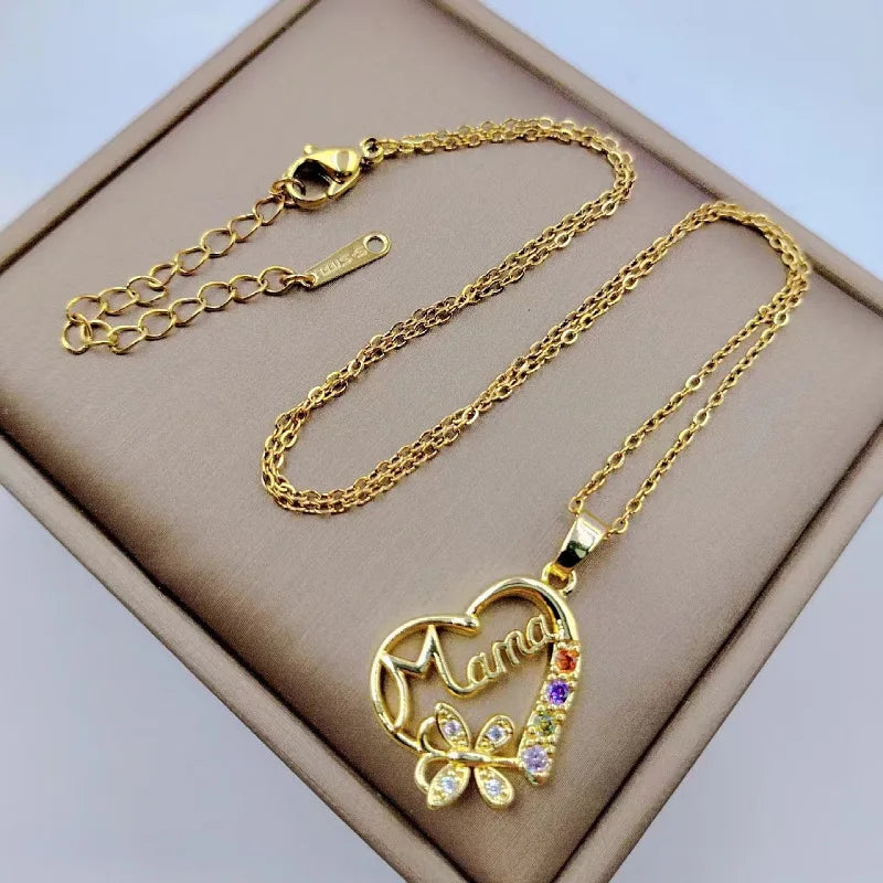 Crystal Heart Mama Necklace | Stainless Steel Pendant Jewelry for Mom alternate view