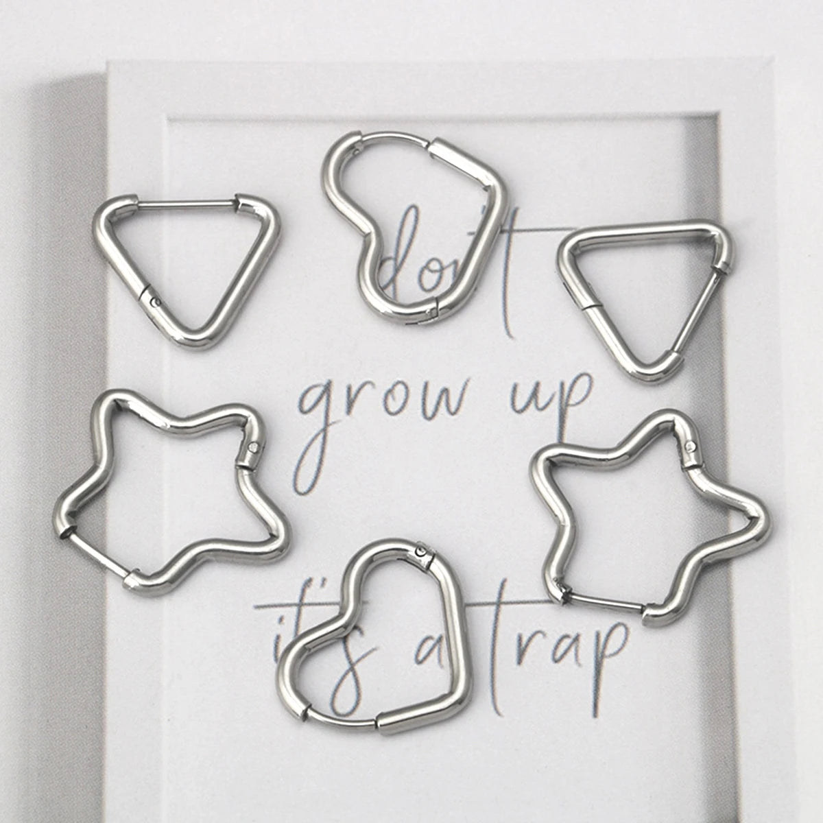 2pcs/1Pairs Stainless Steel Women Men Ear Stud Triangle Heart Star Circle Hoop Earrin alternate view
