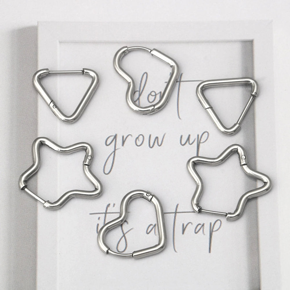 2pcs/1Pairs Stainless Steel Women Men Ear Stud Triangle Heart Star Circle Hoop Earrin alternate view