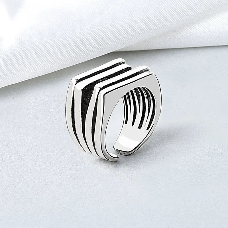 PANJBJ 925 Sterling Silve Multilayer Irregular Geometric Ring for Women Simple Charm R close-up view