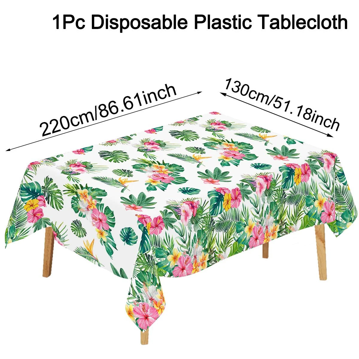 Tropical Hawaiian Party Tablecloth and Flamingo Decor Set | Plastic Table Runner and C close-up view