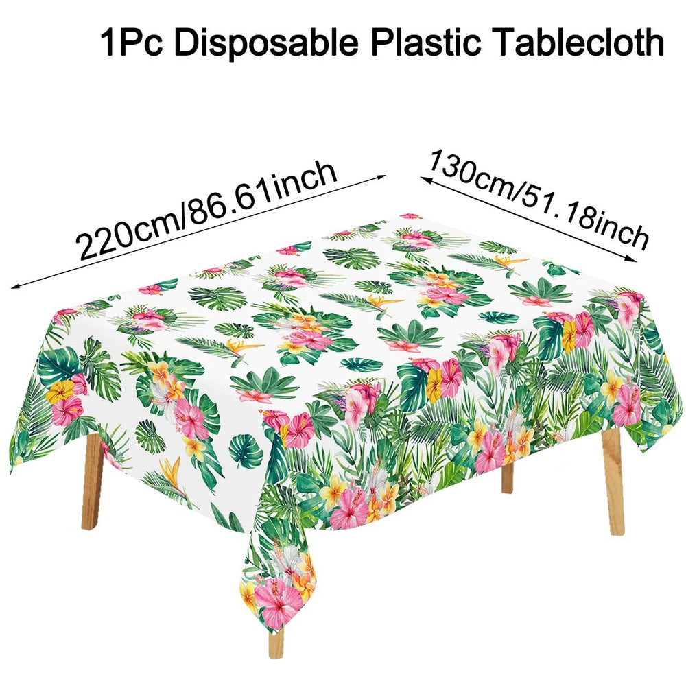 Tropical Hawaiian Party Tablecloth and Candy Bags Set | Flamingo Summer Decor close-up view