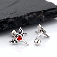 Gothic Wings Stud Earrings for Men Women,Vintage Stainless Steel Heart Zircon Sword Stud Earrings,Pu