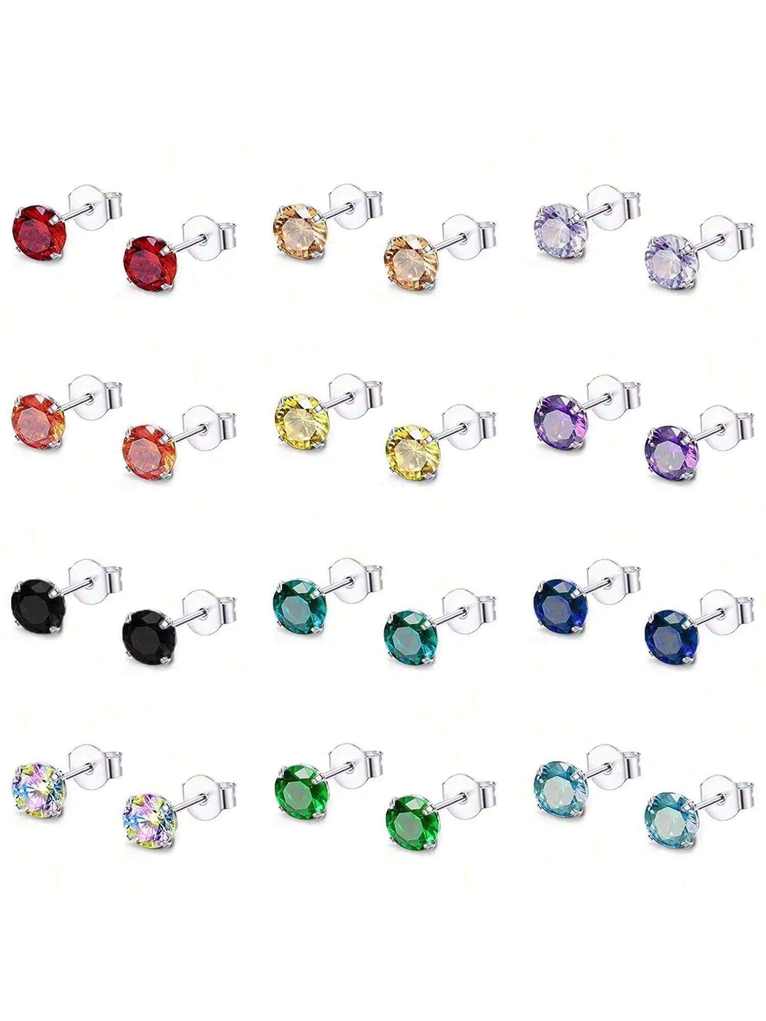12 Pairs CZ Ear Stud Mixed Colors Cartilage Earrings Set Stainless Steel Barbell Studs E detail view