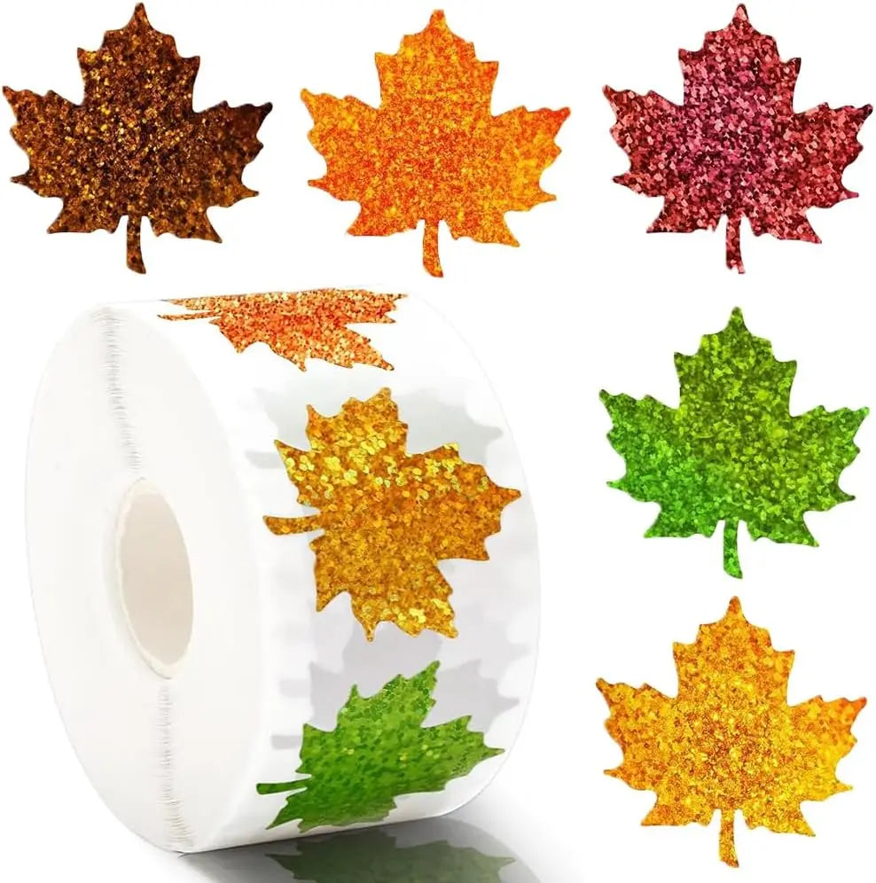 500Pcs Fall Thanksgiving Leaf Stickers | Holographic Maple Leaf Decals Roll alternate view
