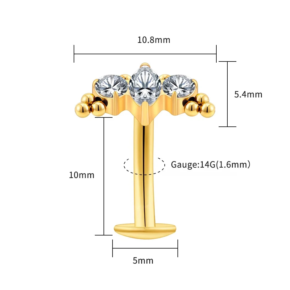 FTCY ASTM F136 G23 Titanium Leaf Branch Push In Threadless Labret Piercing Crystal Bel close-up view