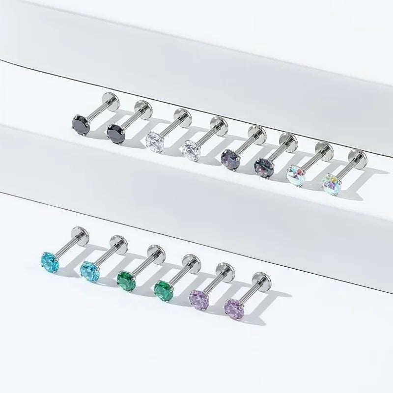 ASTM F136 Titanium 16G CZ Labret Lip Studs Helix Tragus Cartilage Flat Back Earrings N close-up view