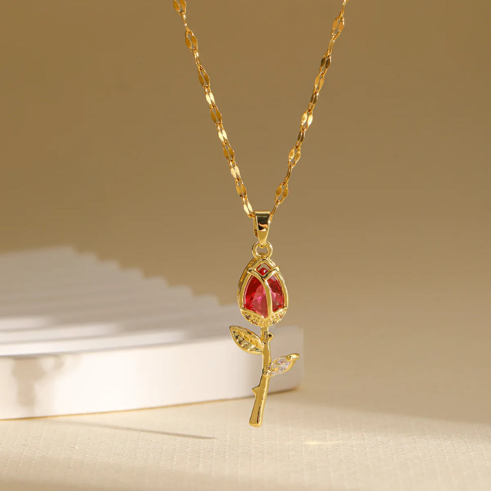 Elegant Pink Rose Necklace for Women Light Luxury Zircon Flower Pendant High-End Je additional angle