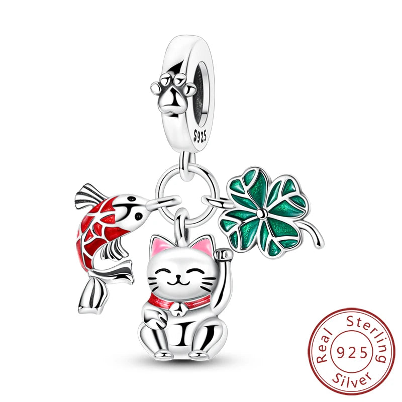 925 Sterling Silver Pendant Charms Beads Green Four-leaf Clover Love Family Tree Char alternate view