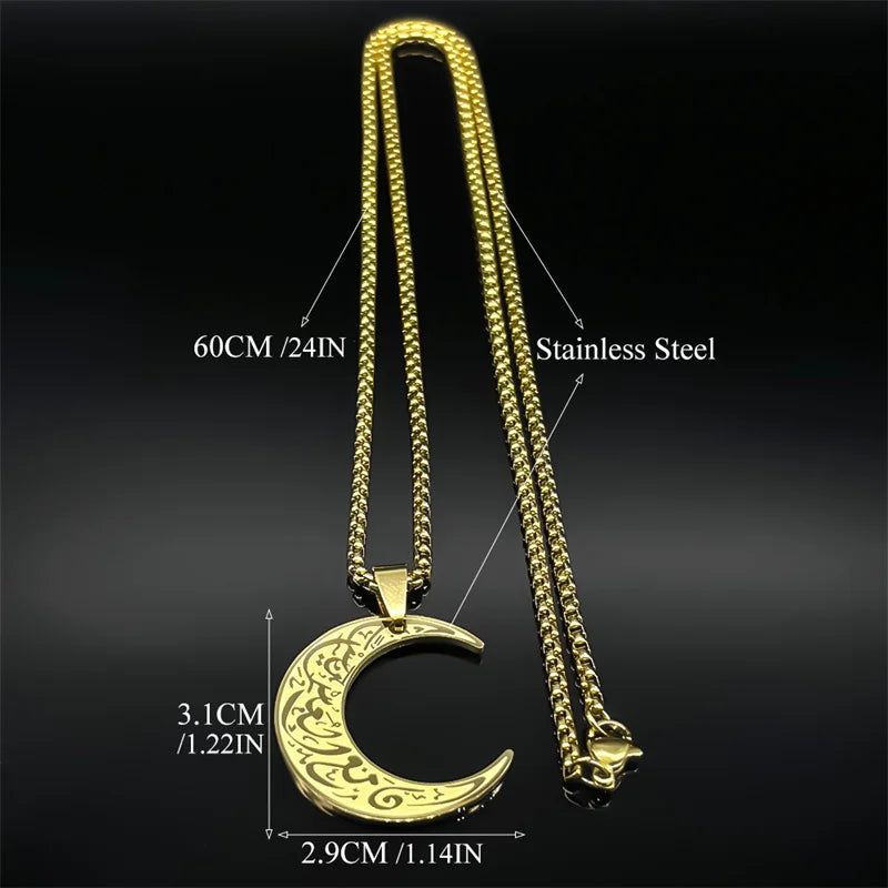 Crescent Moon Islamic Muslim Pendant Necklace | Stainless Steel Gold Color Arabic Qura close-up view