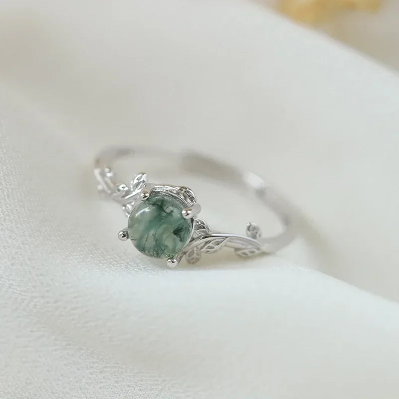 New S925 Sterling Silver Green Moss Agate Stone Ring for Women Engagement Jewelry Gif lifestyle view